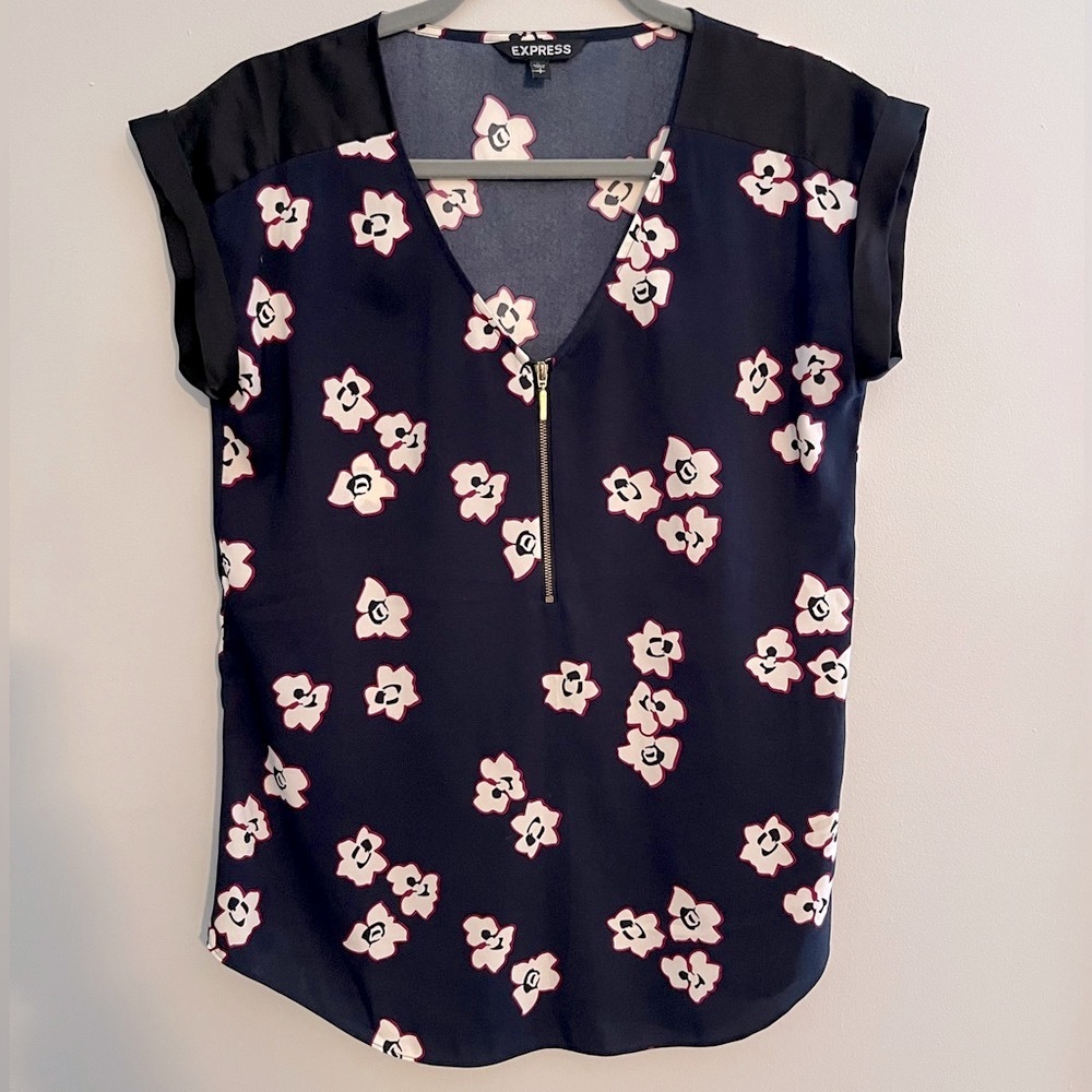 Express Women’s Navy Silky Floral Blouse with Cuffed Cap Sleeve, Deep V